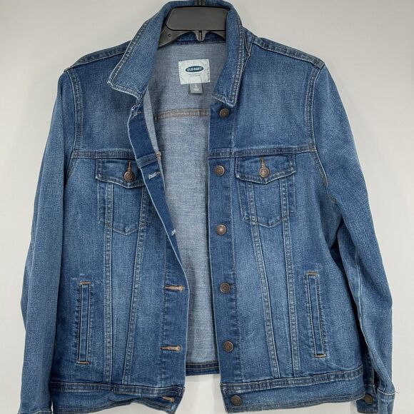 Old Navy Womens Blue Long Sleeve Denim Button Front Trucker Jacket Size Large - Picture 1 of 6